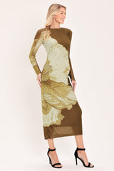 [PREORDER] BROWN BLOSSOM CONTOUR POWER MESH MIDI DRESS