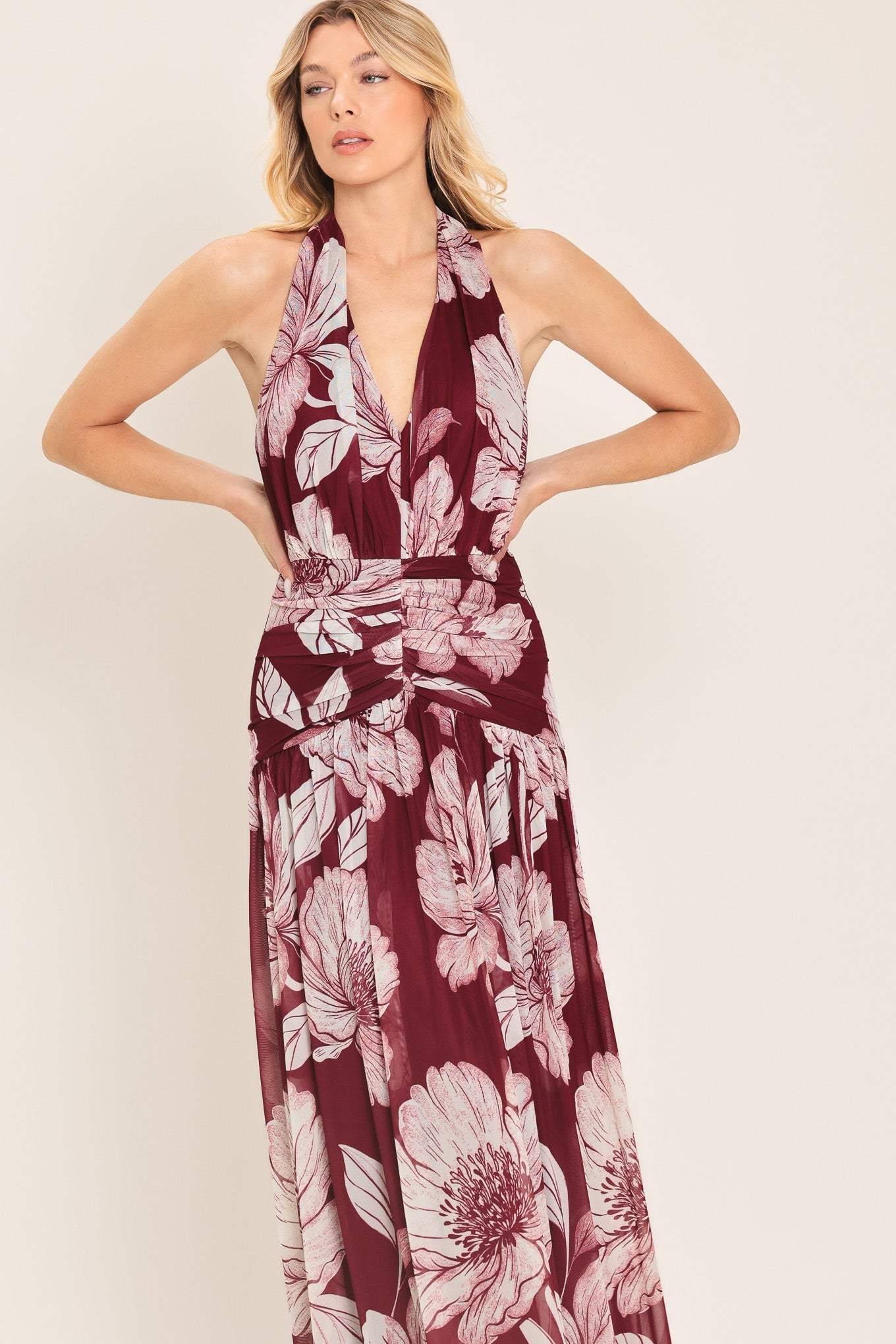 ROSEWOOD ROMANCE POWER MESH MAXI DRESS