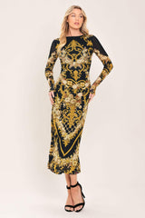 BAROQUE ROSE POWER MESH MIDI DRESS