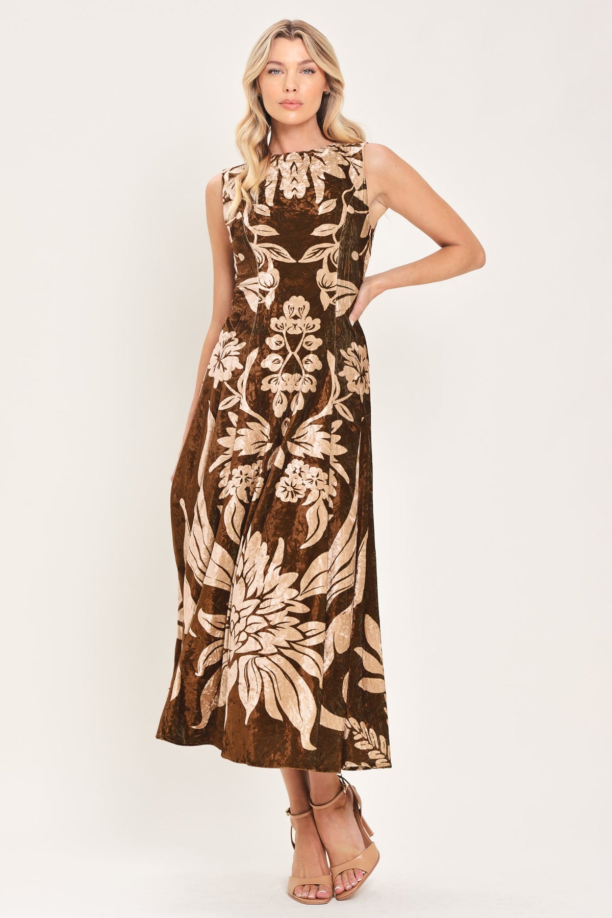COCOA BLOOM BROWN PRINTED VELVET CIRCLE-SKIRT MIDI DRESS - Flying Tomato - Flyclothing LLC