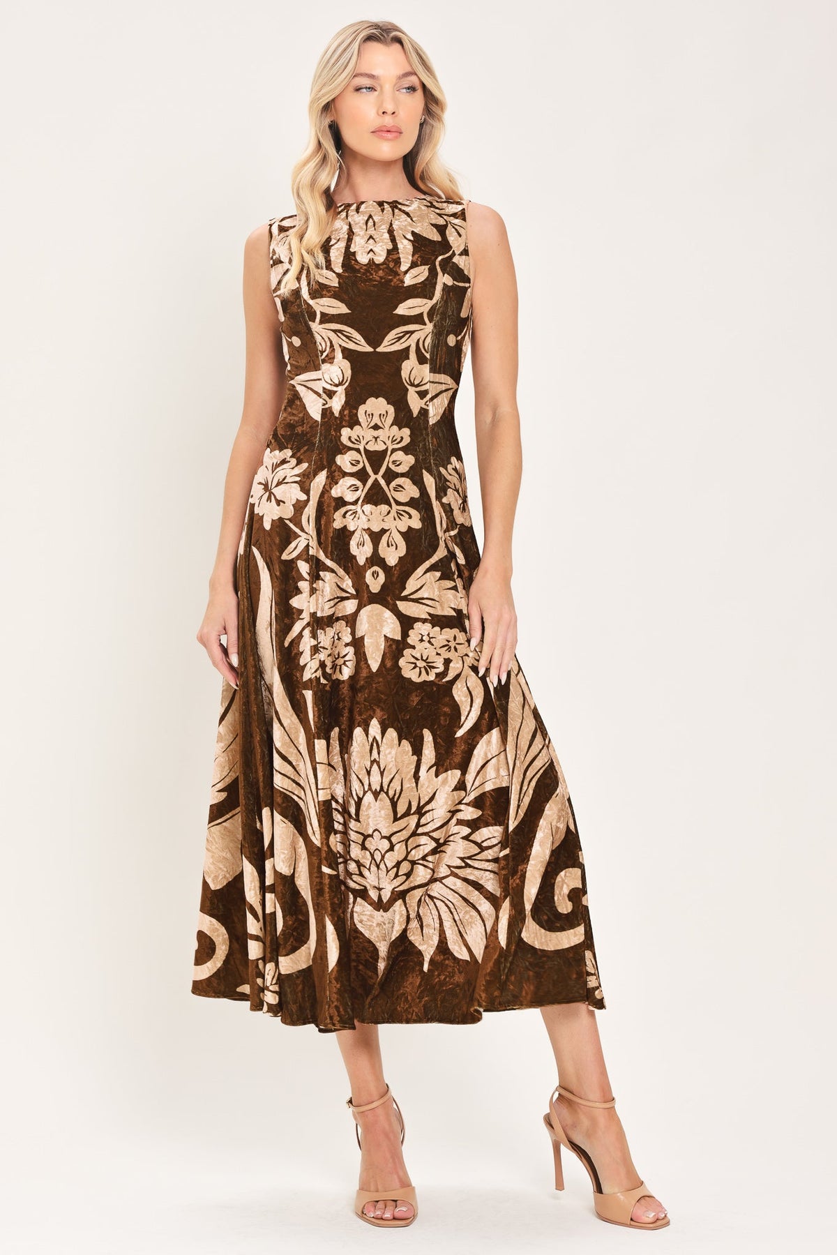 COCOA BLOOM BROWN PRINTED VELVET CIRCLE-SKIRT MIDI DRESS - Flying Tomato - Flyclothing LLC
