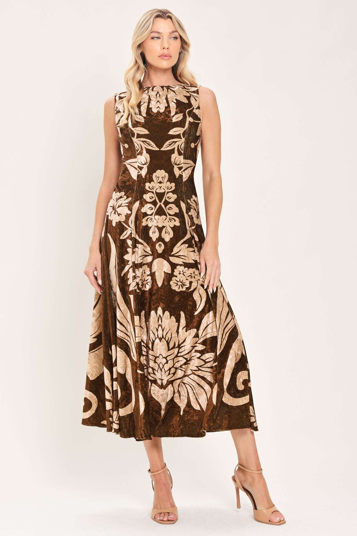 COCOA BLOOM BROWN PRINTED VELVET CIRCLE-SKIRT MIDI DRESS - Flying Tomato - Flyclothing LLC