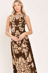 COCOA BLOOM BROWN PRINTED VELVET CIRCLE-SKIRT MIDI DRESS - Flying Tomato - Flyclothing LLC