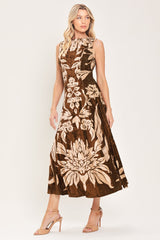 COCOA BLOOM BROWN PRINTED VELVET CIRCLE-SKIRT MIDI DRESS - Flying Tomato - Flyclothing LLC