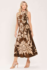 COCOA BLOOM BROWN PRINTED VELVET CIRCLE-SKIRT MIDI DRESS - Flying Tomato - Flyclothing LLC