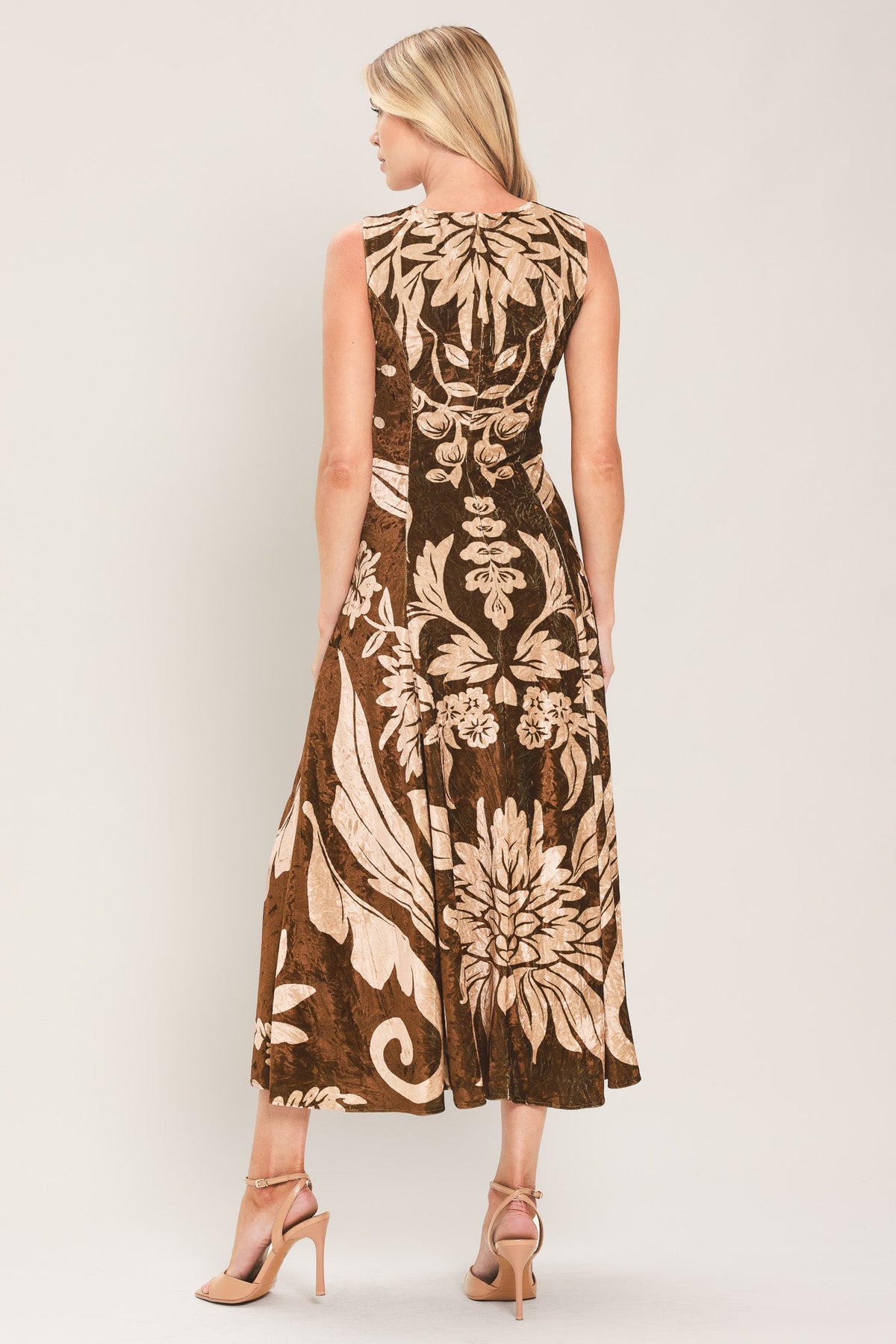 COCOA BLOOM BROWN PRINTED VELVET CIRCLE-SKIRT MIDI DRESS - Flying Tomato - Flyclothing LLC