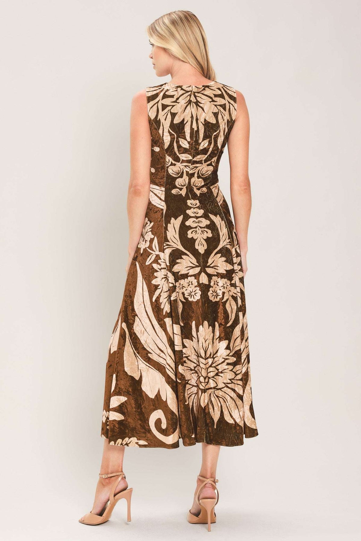 COCOA BLOOM BROWN PRINTED VELVET CIRCLE-SKIRT MIDI DRESS - Flying Tomato - Flyclothing LLC