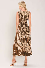 COCOA BLOOM BROWN PRINTED VELVET CIRCLE-SKIRT MIDI DRESS - Flying Tomato - Flyclothing LLC