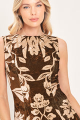 COCOA BLOOM BROWN PRINTED VELVET CIRCLE-SKIRT MIDI DRESS - Flying Tomato - Flyclothing LLC