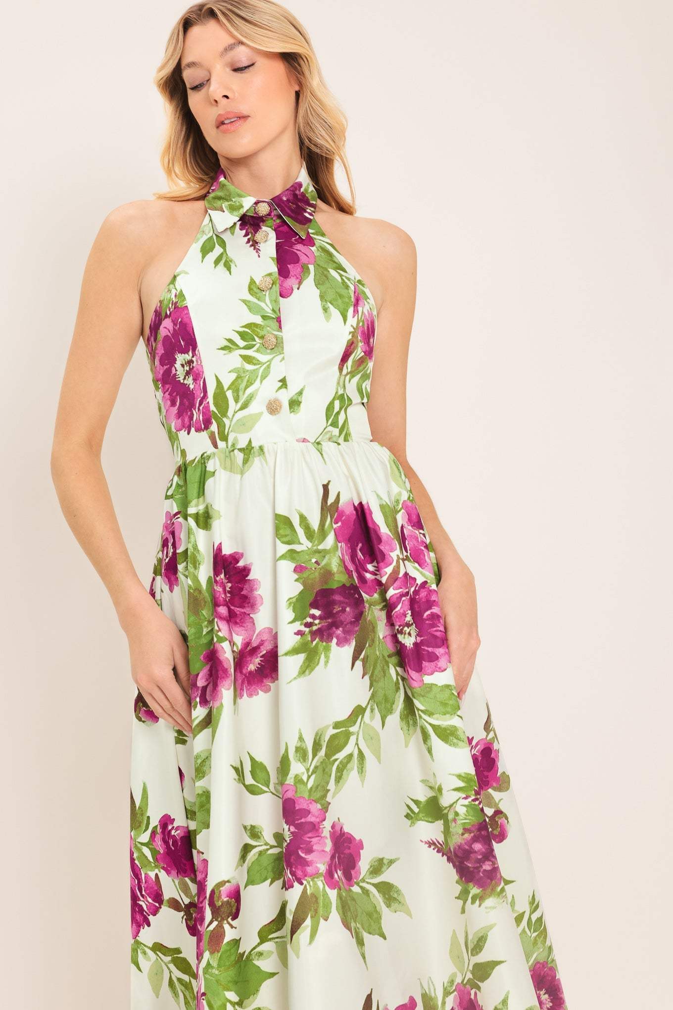 FUCHSIA ROSE HALTER WOVEN MAXI DRESS