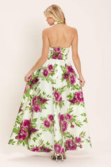 FUCHSIA ROSE HALTER WOVEN MAXI DRESS