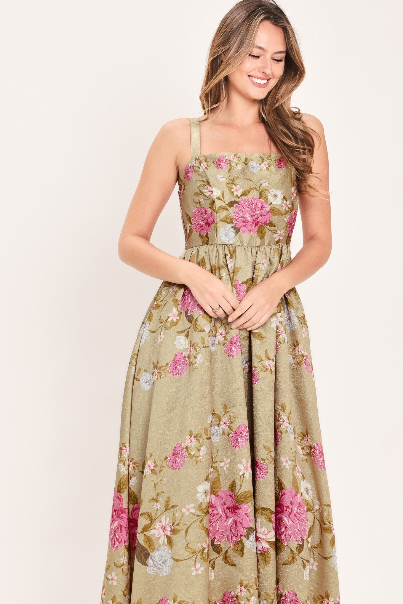 SWEET PEONY MORNING WOVEN MIDI DRESS