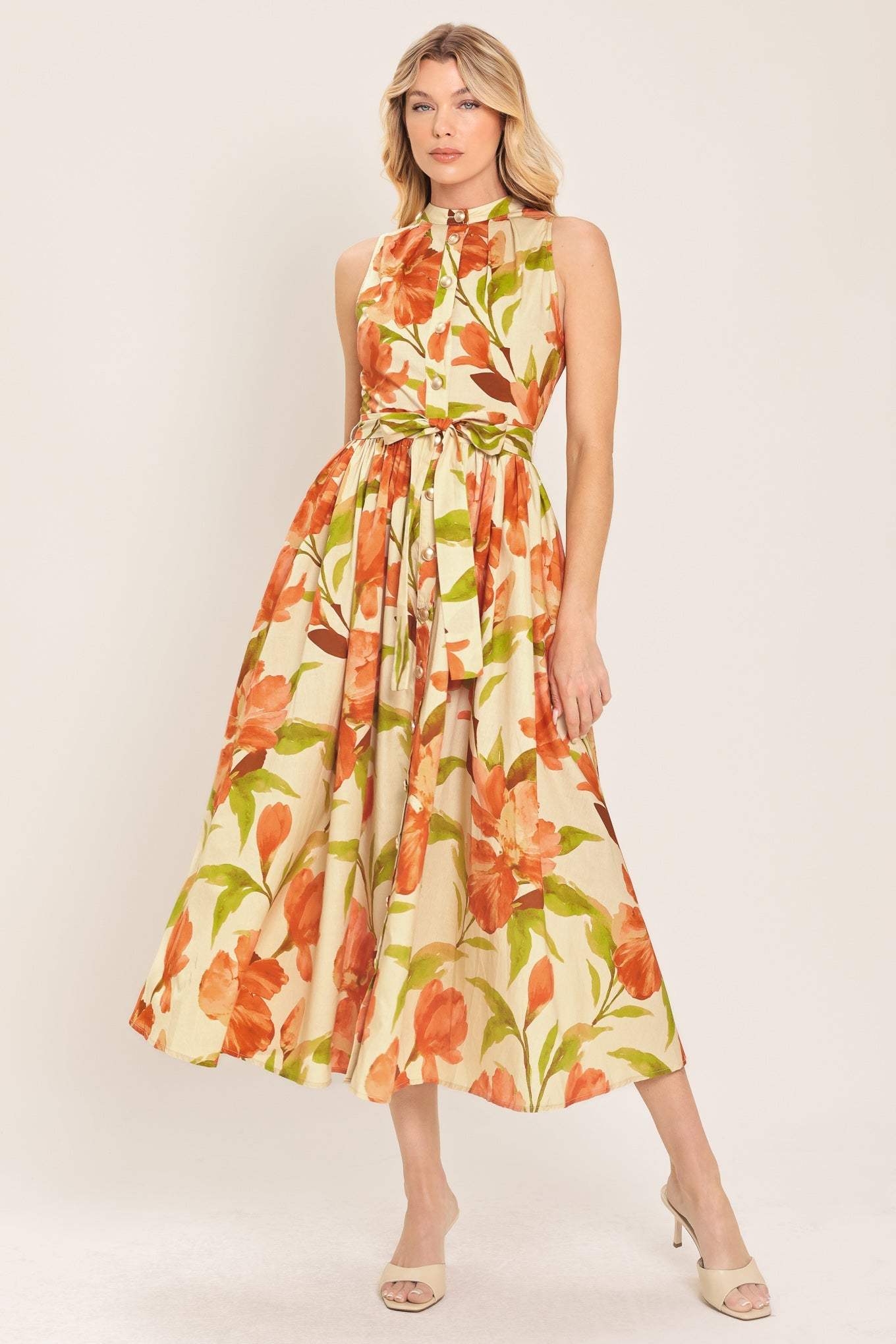 APRICOT SUNSET WOVEN MIDI DRESS