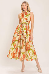 APRICOT SUNSET WOVEN MIDI DRESS