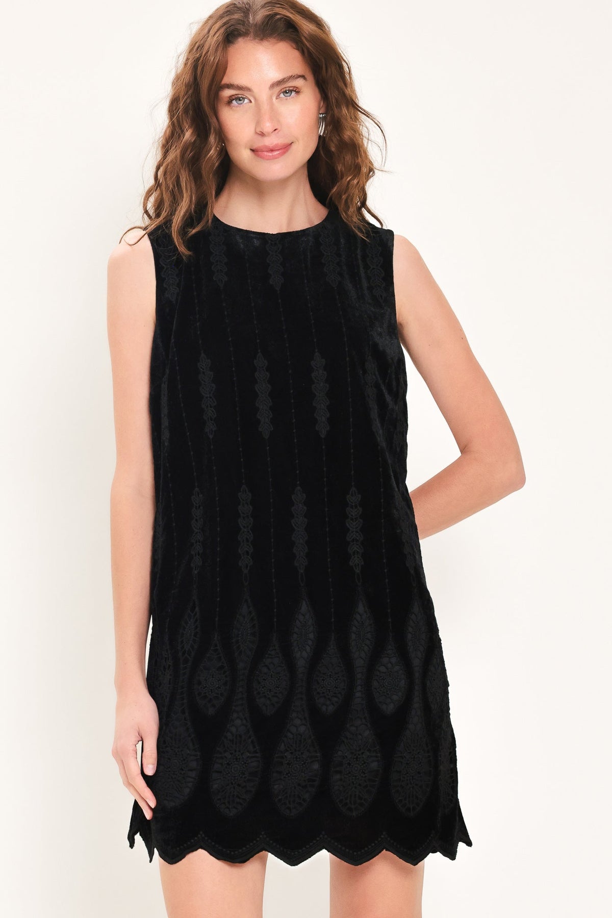 VELVET NOIR BLACK TEXTURED SLEEVELESS MINI DRESS - Flying Tomato - Flyclothing LLC