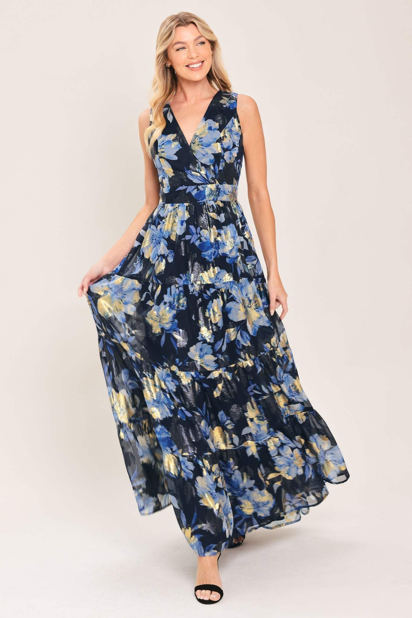 FOIL FLORAL EVENING WOVEN MAXI DRESS