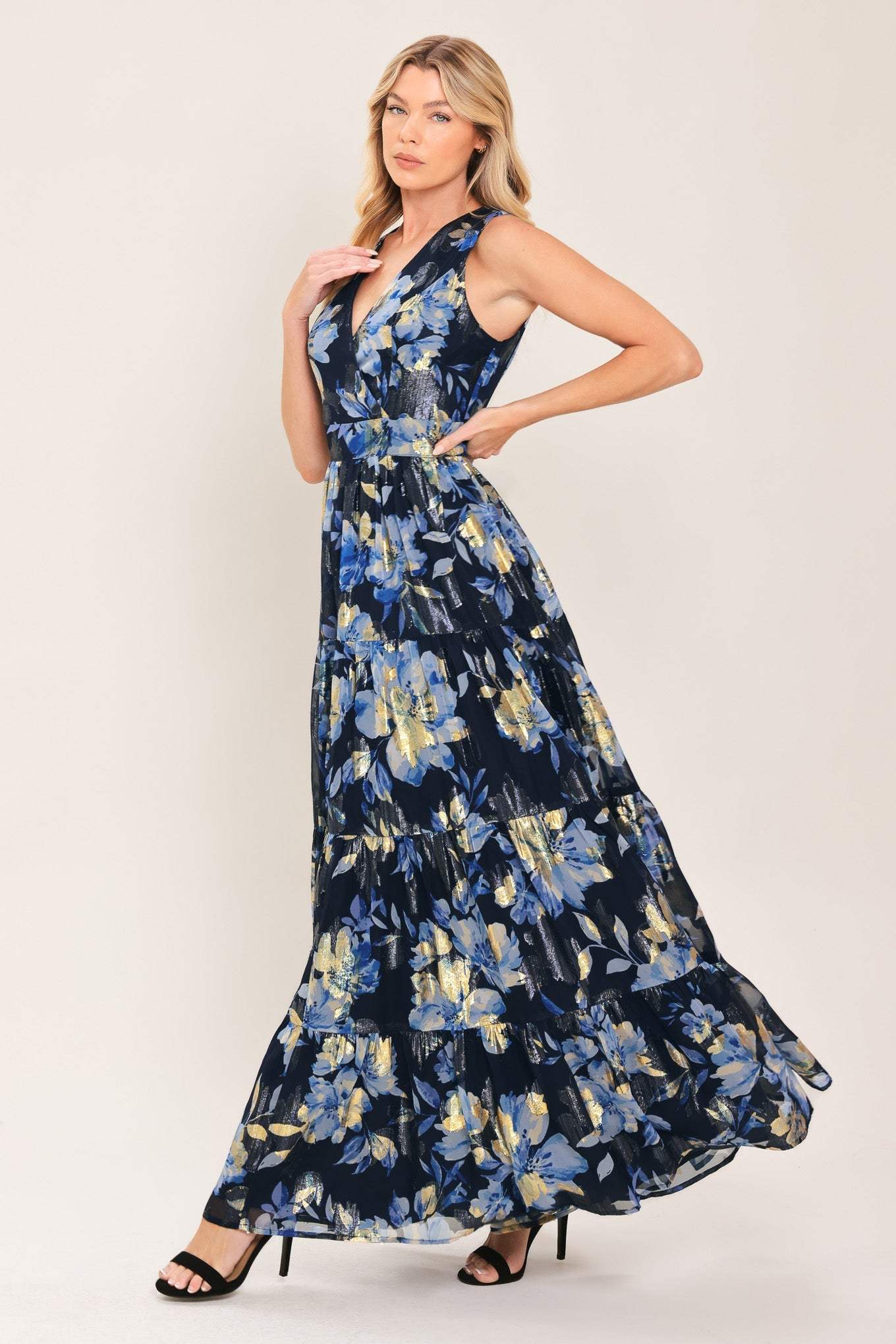FOIL FLORAL EVENING WOVEN MAXI DRESS