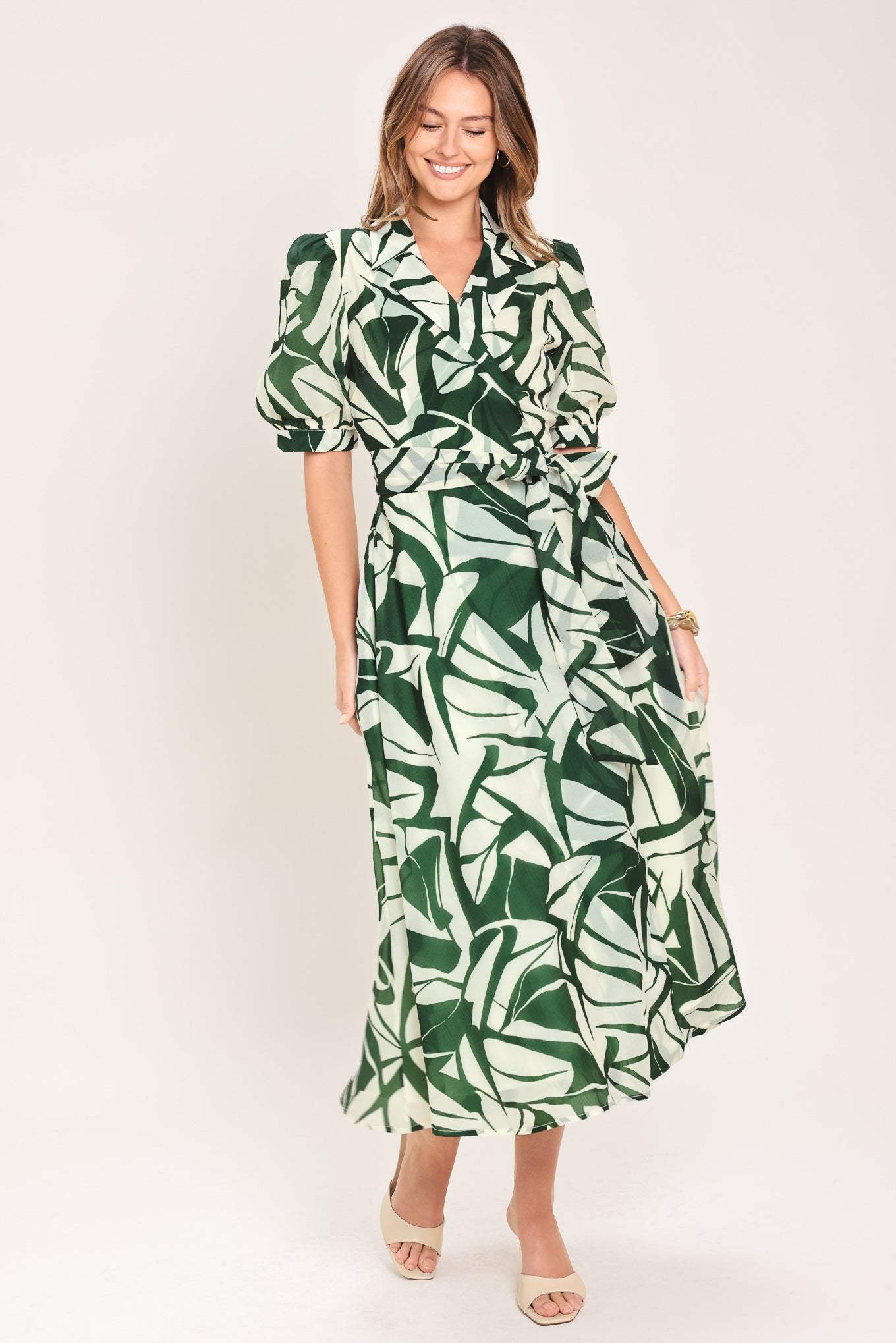 BOTANICAL BREEZE WOVEN TRUE WRAP MIDI DRESS