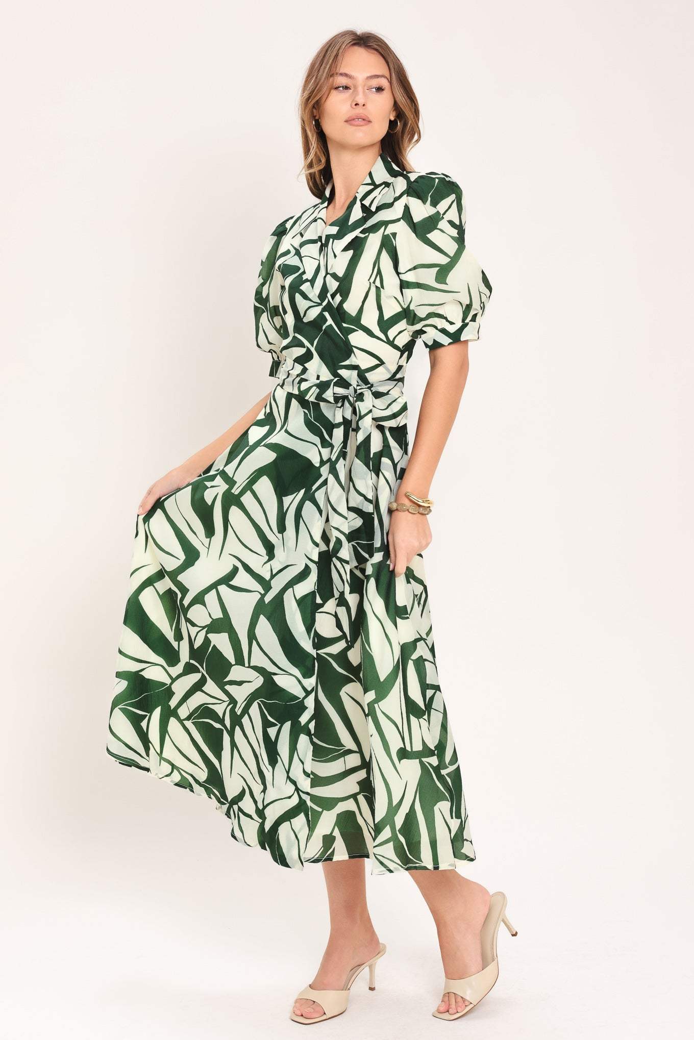 BOTANICAL BREEZE WOVEN TRUE WRAP MIDI DRESS