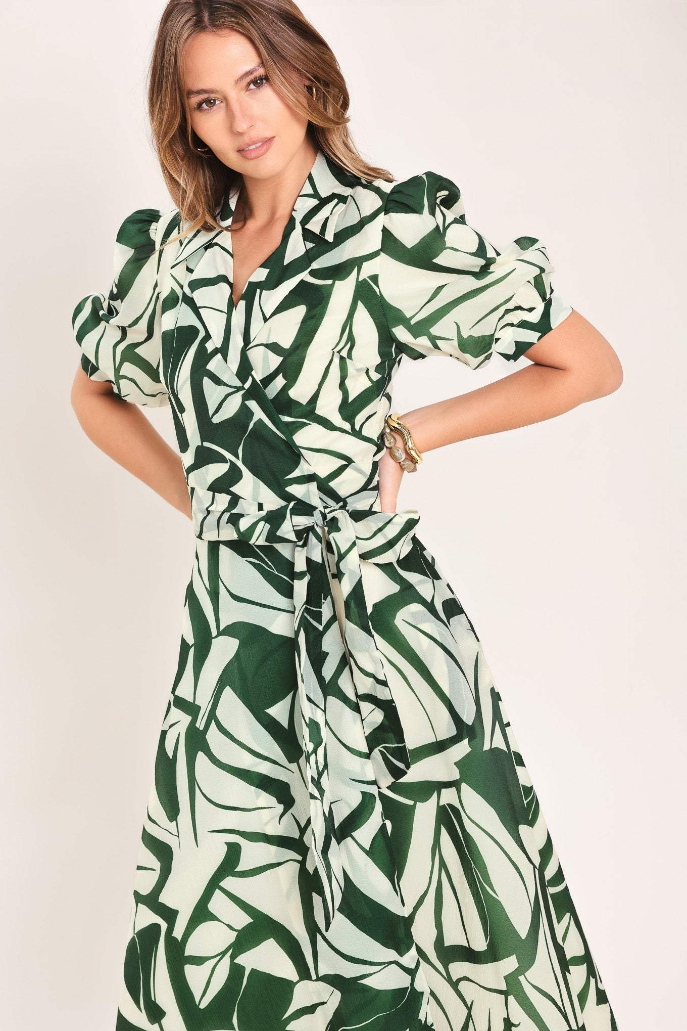 BOTANICAL BREEZE WOVEN TRUE WRAP MIDI DRESS