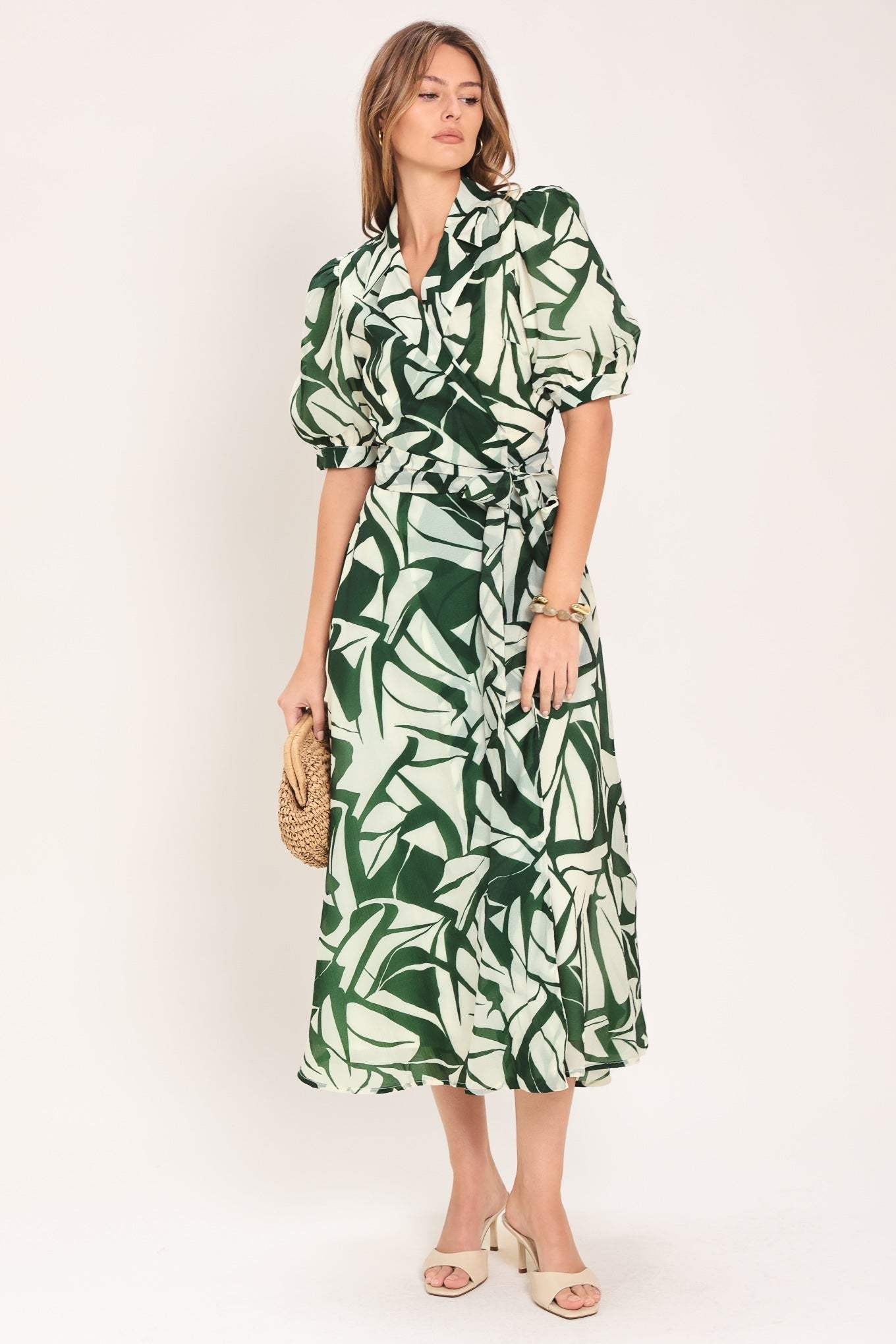 BOTANICAL BREEZE WOVEN TRUE WRAP MIDI DRESS
