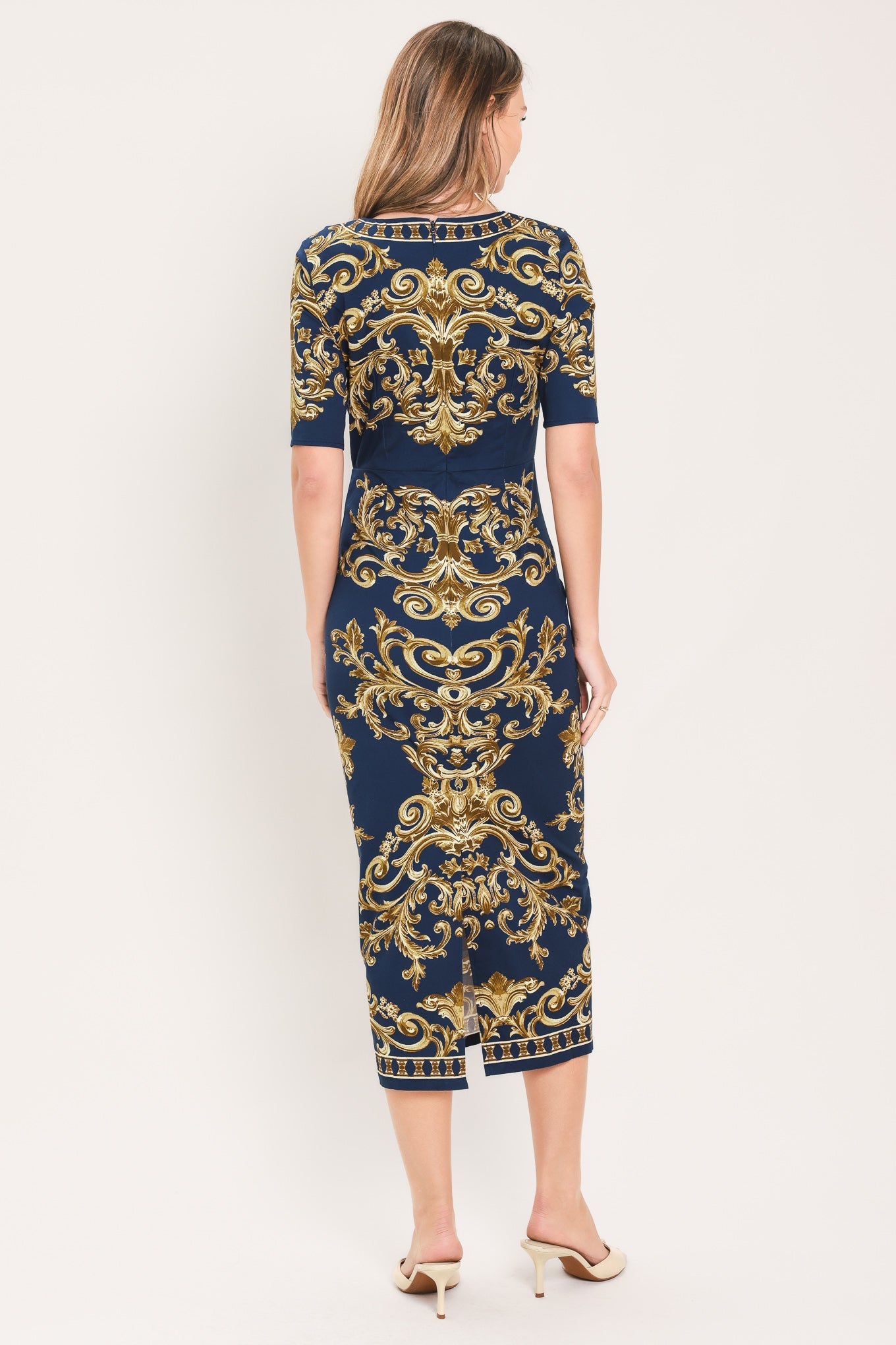 NOBLE GOLDEN FLOURISH WOVEN MIDI DRESS