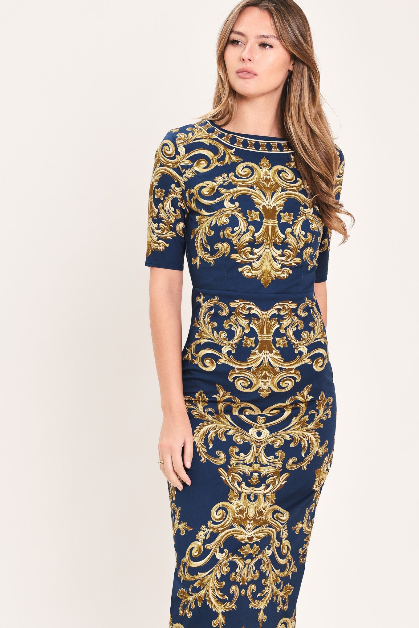NOBLE GOLDEN FLOURISH WOVEN MIDI DRESS