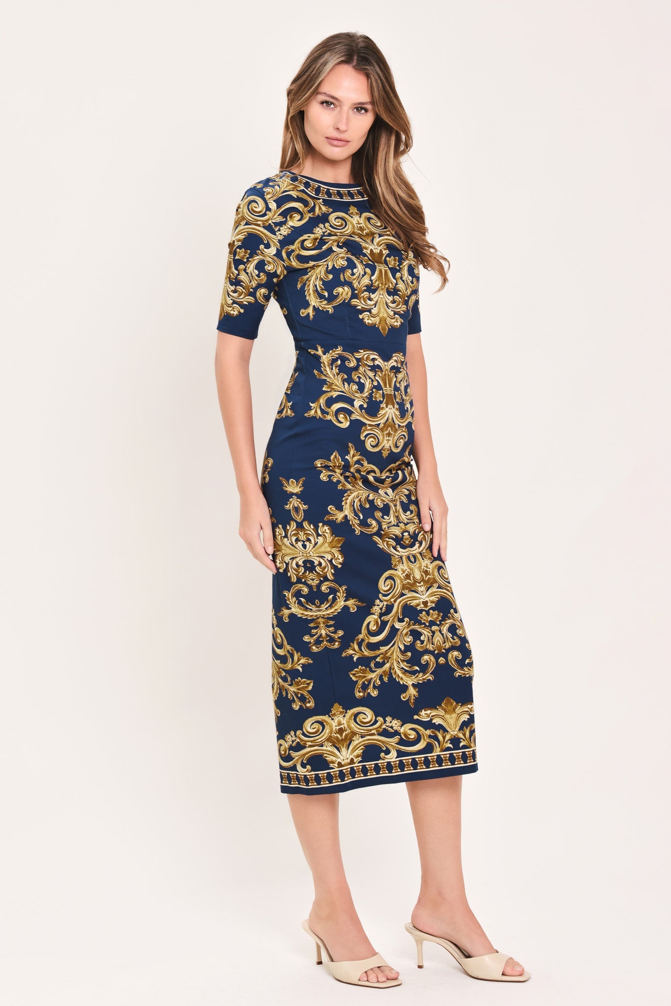 NOBLE GOLDEN FLOURISH WOVEN MIDI DRESS