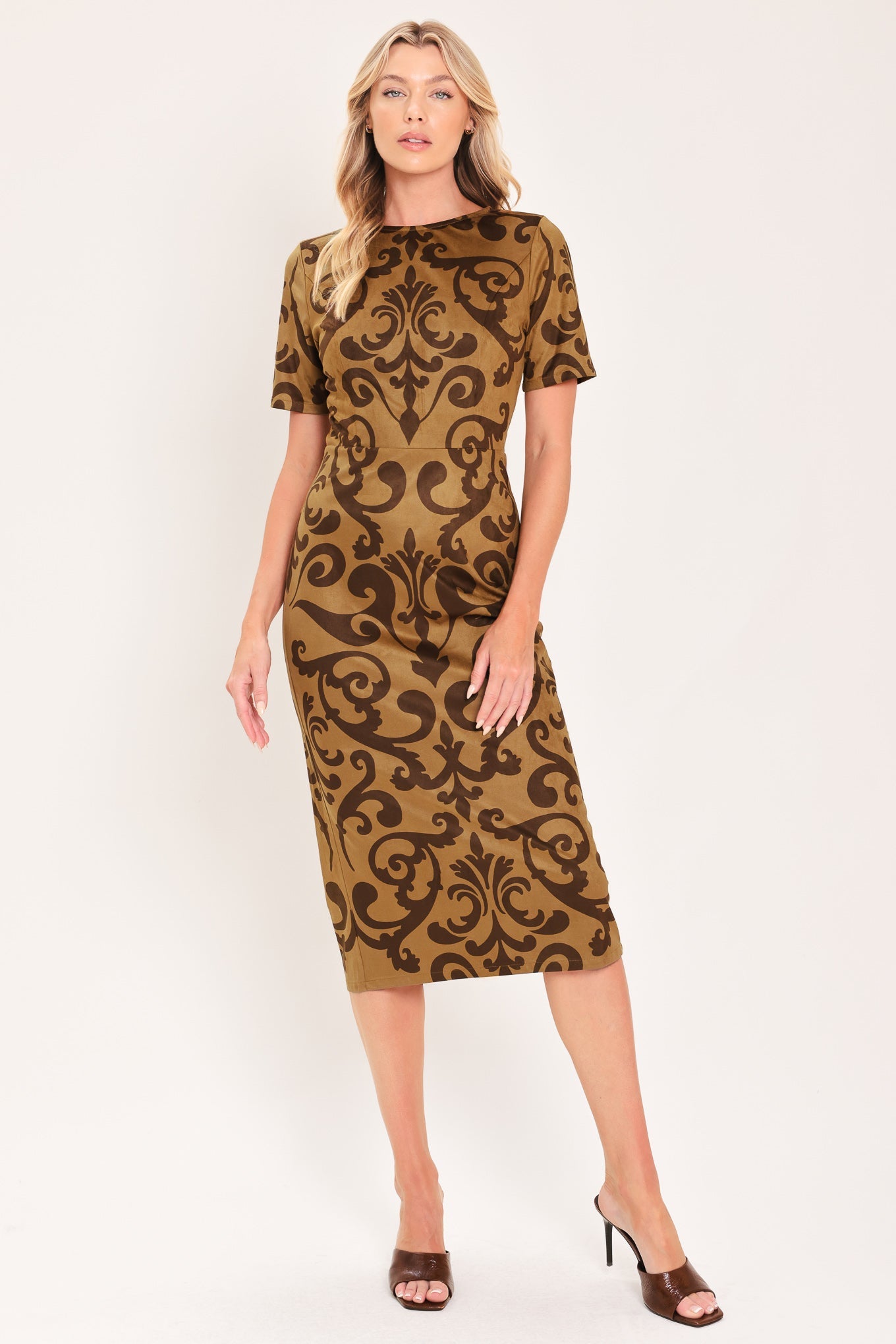 COGNAC SCROLL SILHOUETTE FAUX SUEDE MIDI DRESS