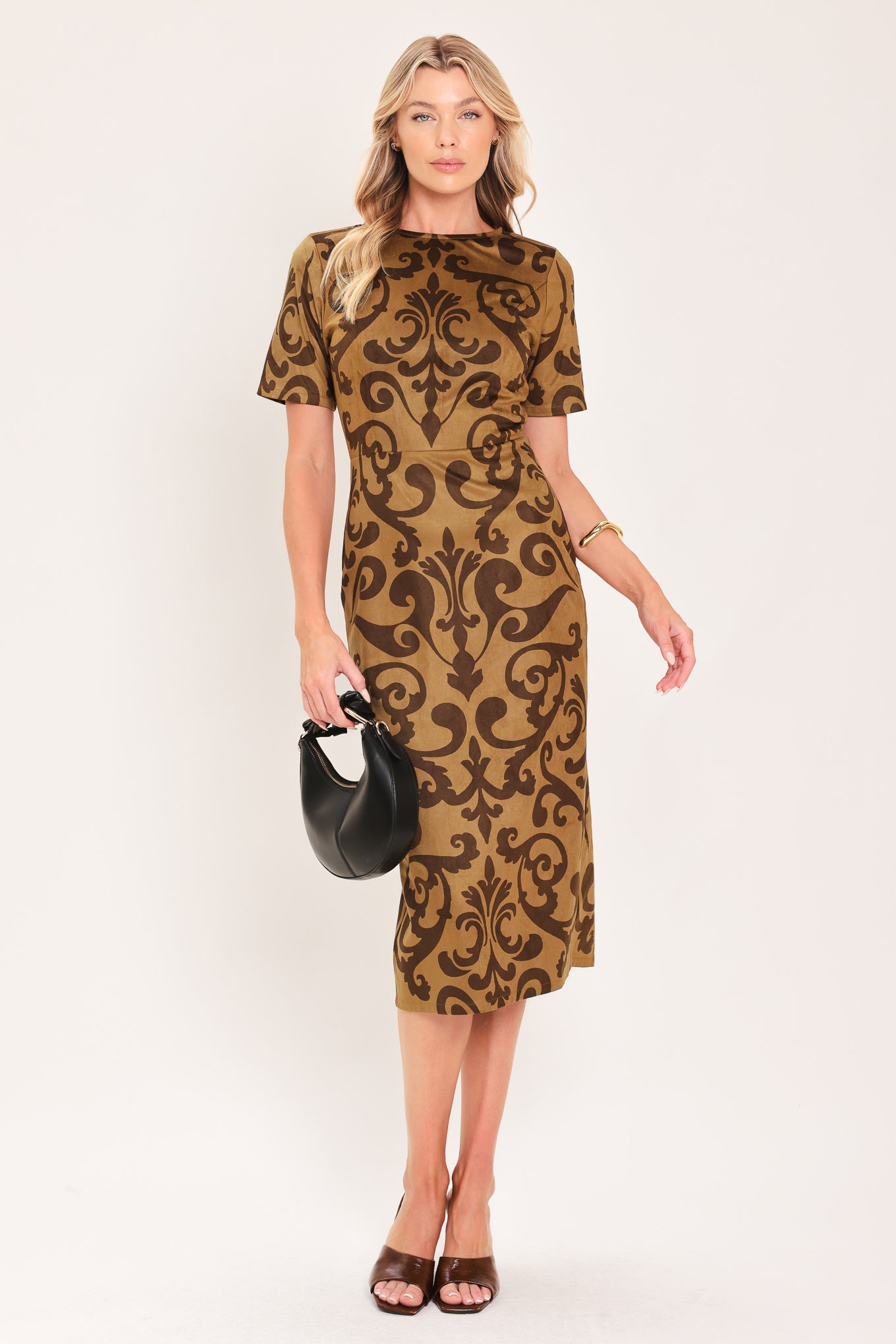 COGNAC SCROLL SILHOUETTE FAUX SUEDE MIDI DRESS