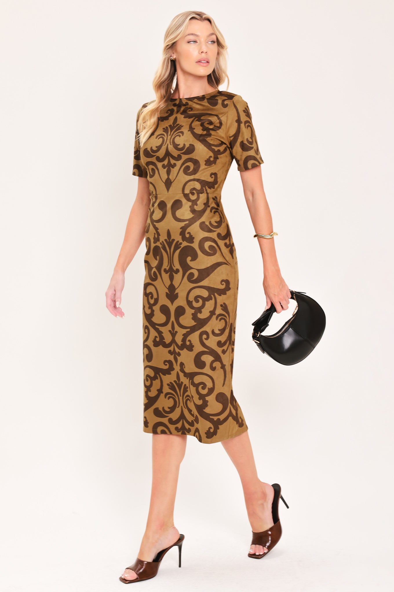 COGNAC SCROLL SILHOUETTE FAUX SUEDE MIDI DRESS