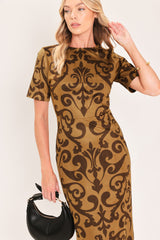 COGNAC SCROLL SILHOUETTE FAUX SUEDE MIDI DRESS