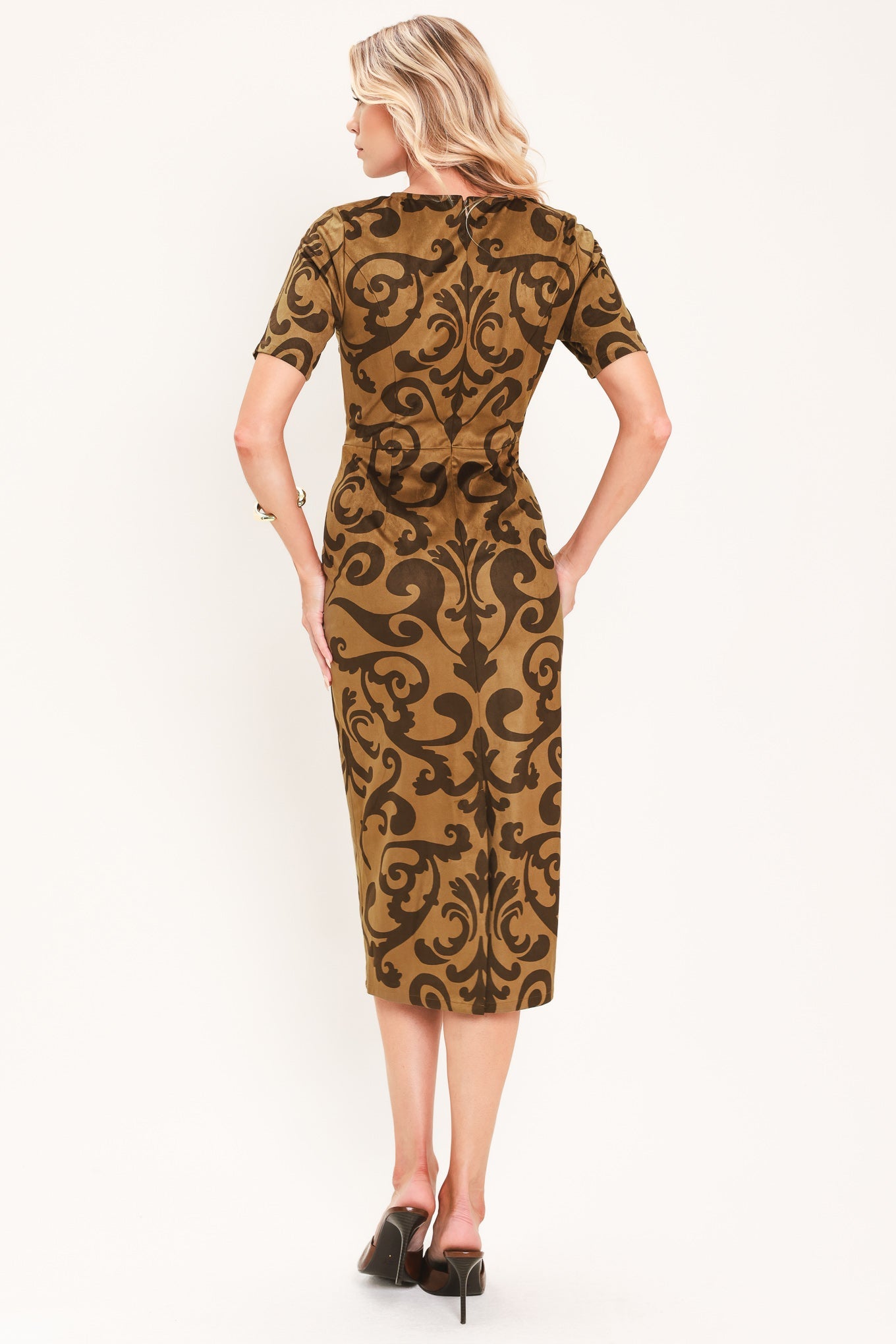 COGNAC SCROLL SILHOUETTE FAUX SUEDE MIDI DRESS