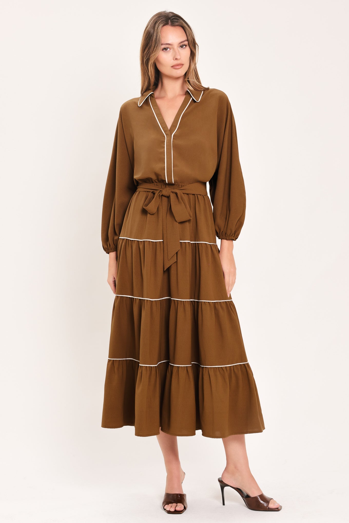 MAPLE TIERED MOMENTS WOVEN MIDI DRESS