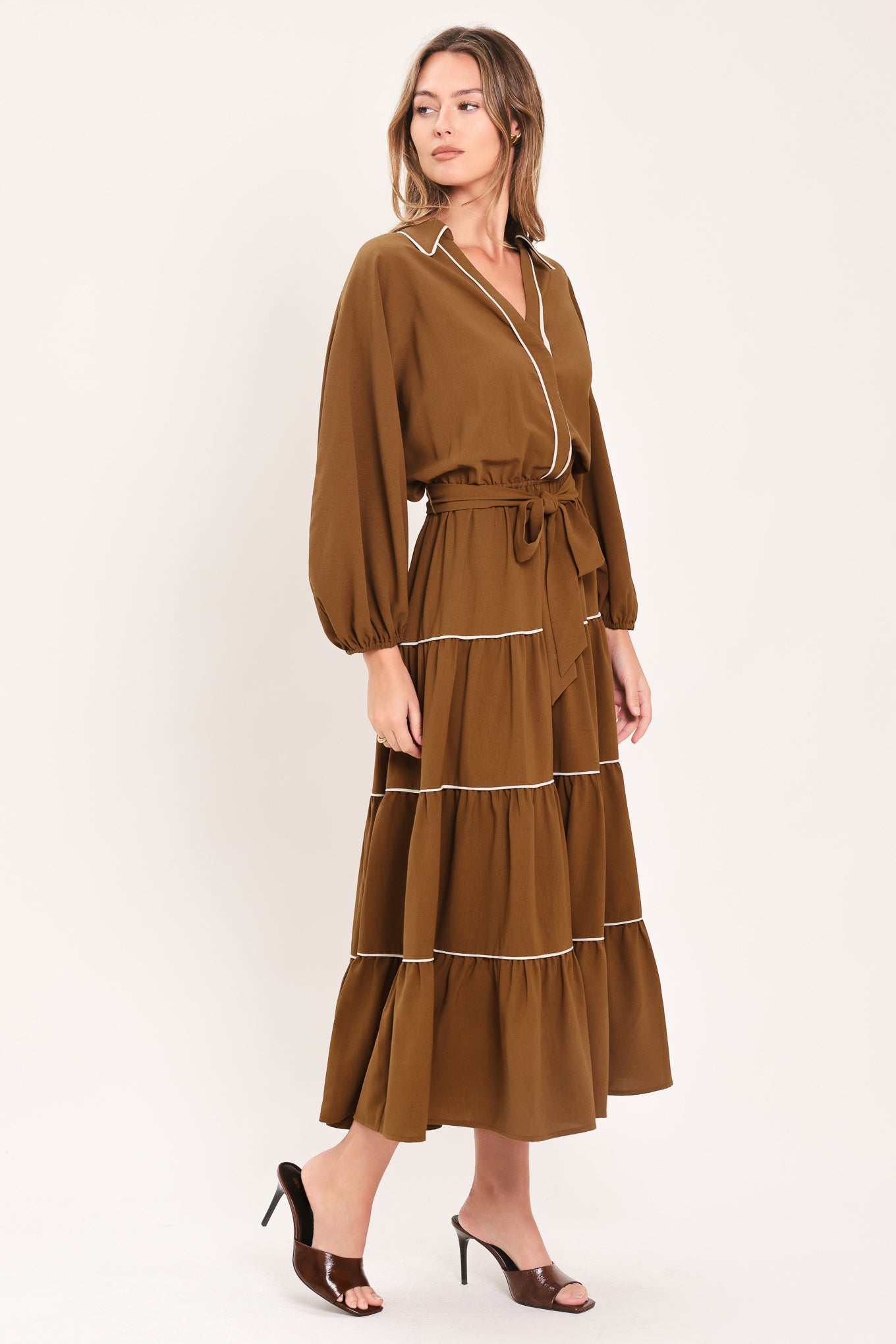 MAPLE TIERED MOMENTS WOVEN MIDI DRESS