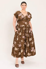 BROWN DAISY WOVEN MIDI DRESS - Flying Tomato - Flyclothing LLC