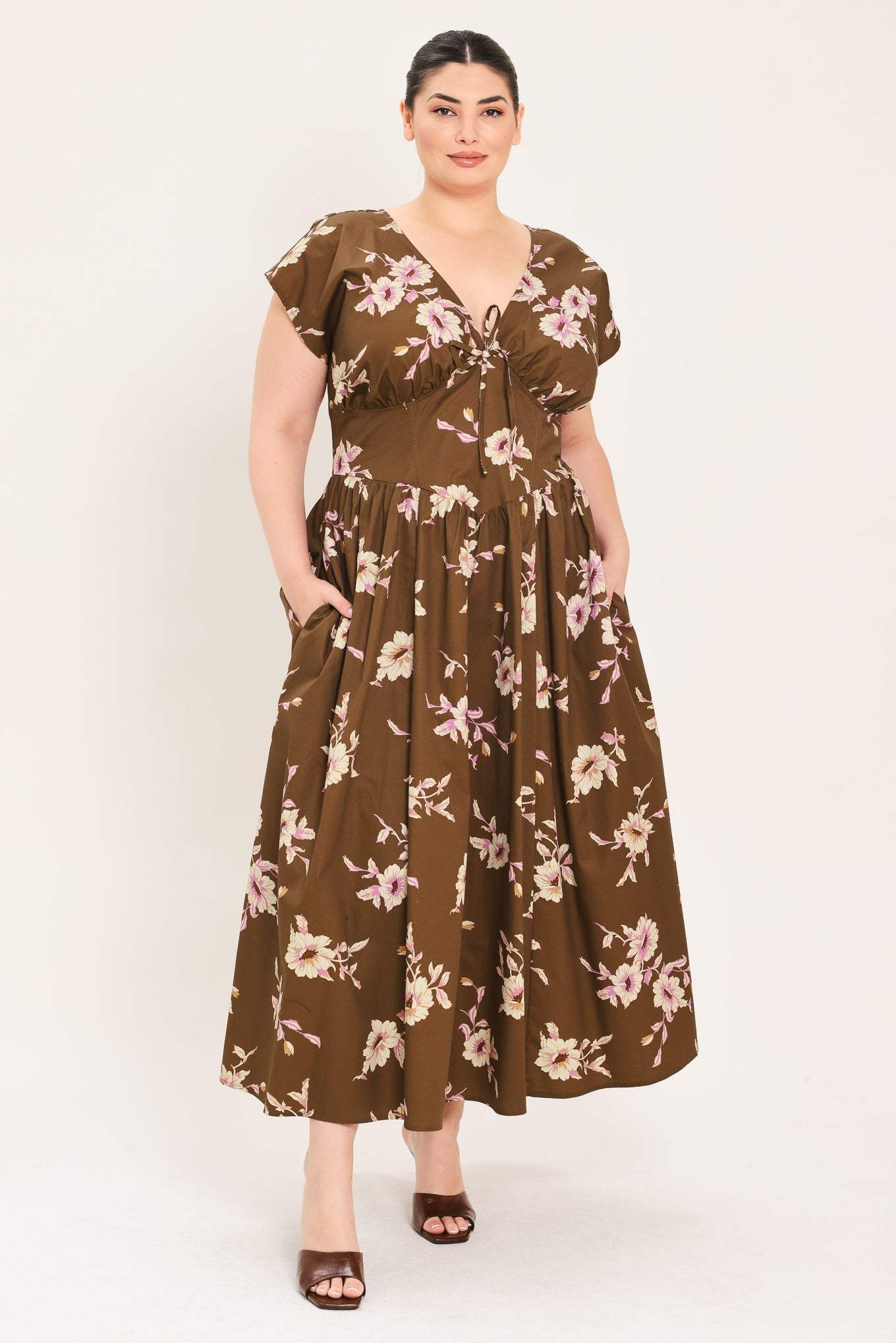 BROWN DAISY WOVEN MIDI DRESS - Flying Tomato - Flyclothing LLC