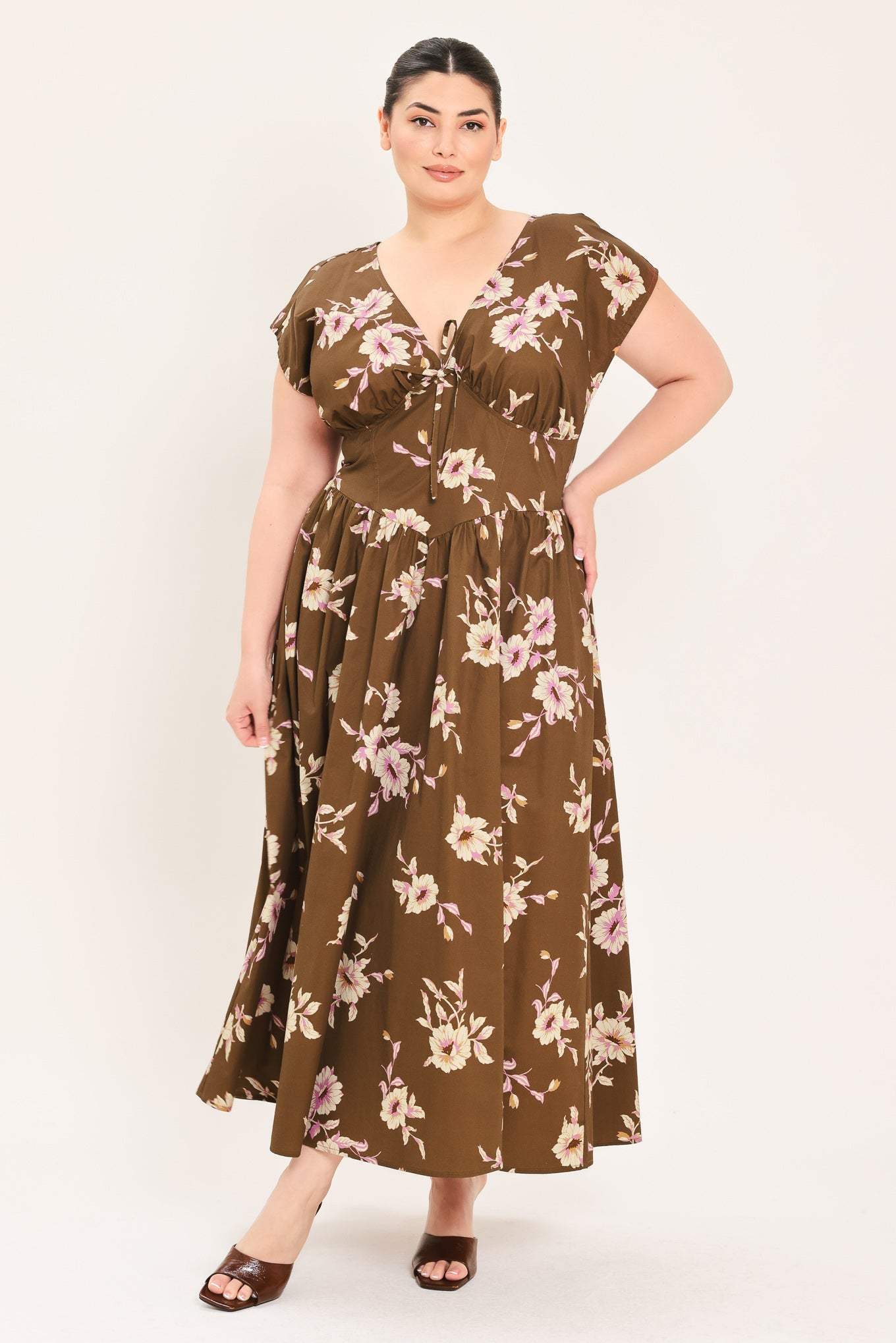 BROWN DAISY WOVEN MIDI DRESS - Flying Tomato - Flyclothing LLC