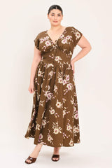BROWN DAISY WOVEN MIDI DRESS - Flying Tomato - Flyclothing LLC