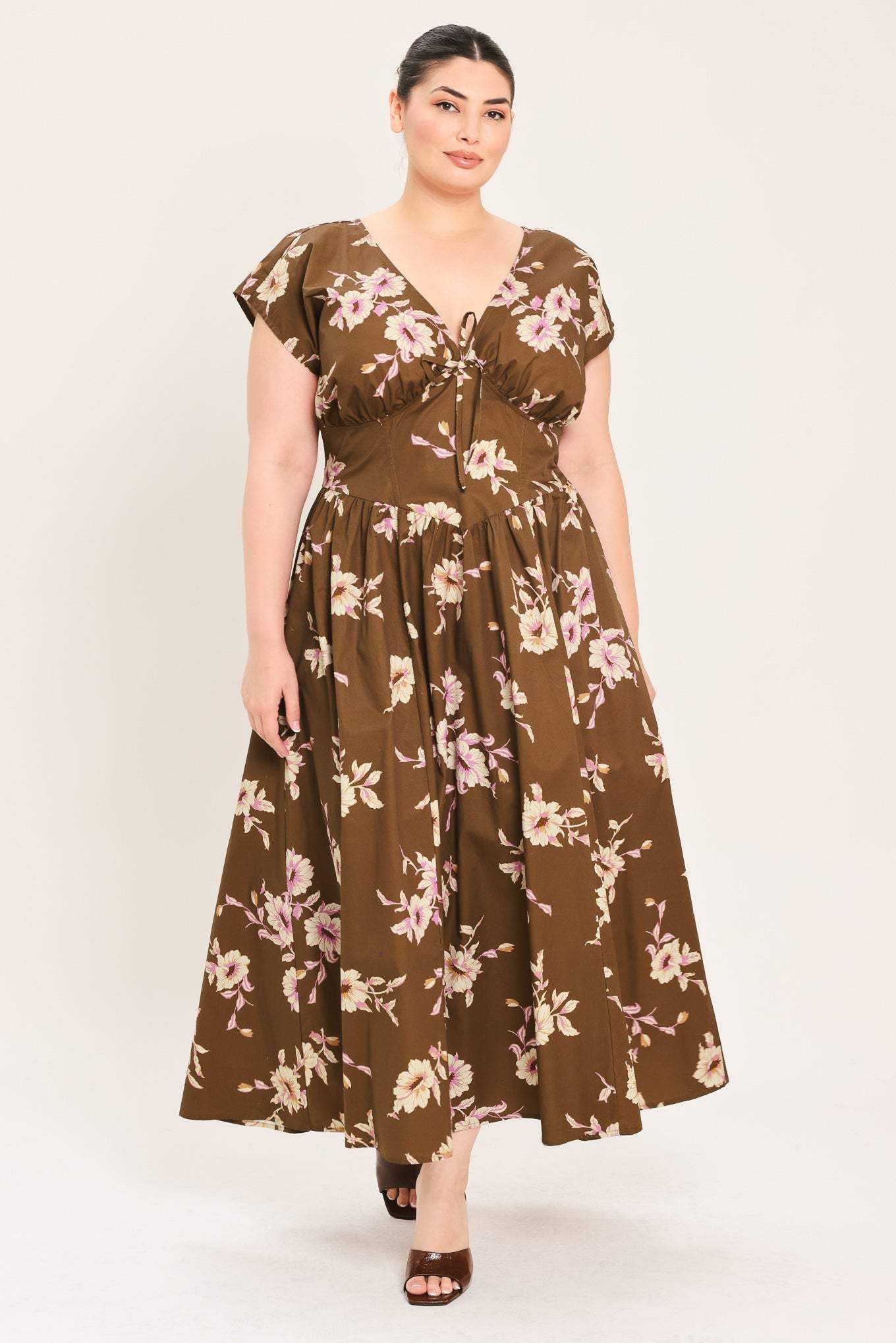 BROWN DAISY WOVEN MIDI DRESS - Flying Tomato - Flyclothing LLC