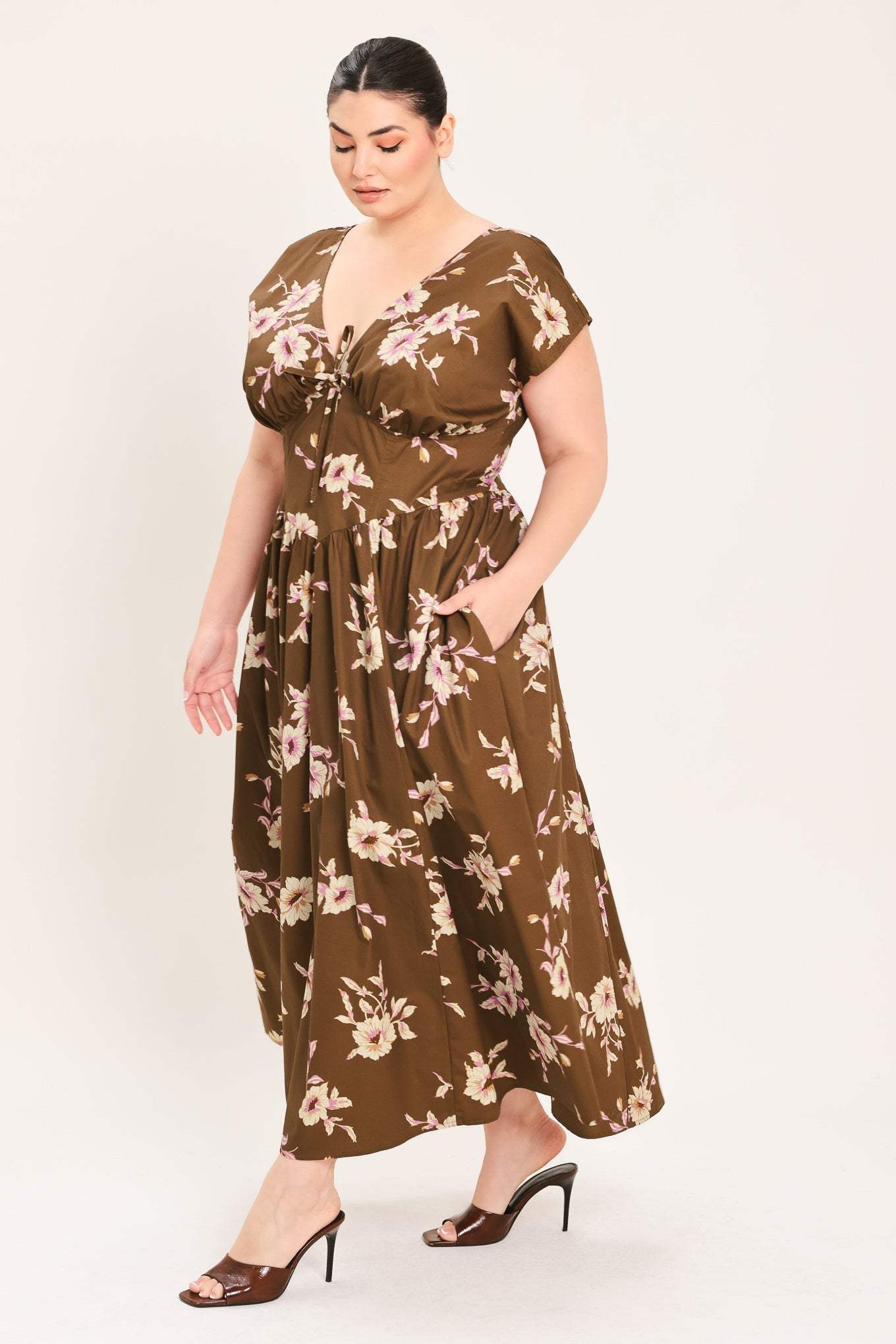 BROWN DAISY WOVEN MIDI DRESS - Flying Tomato - Flyclothing LLC