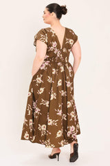 BROWN DAISY WOVEN MIDI DRESS - Flying Tomato - Flyclothing LLC