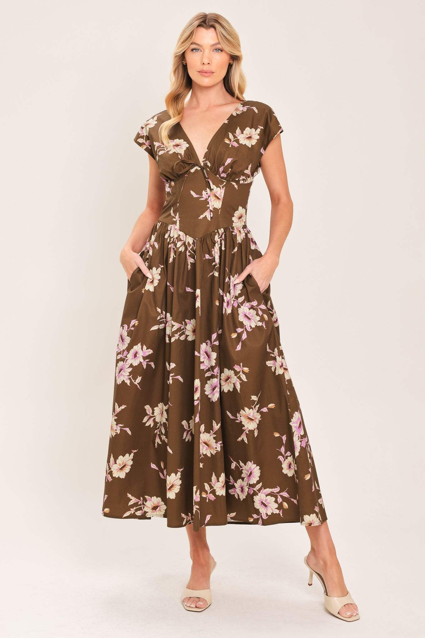BROWN DAISY WOVEN MIDI DRESS