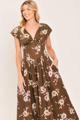 BROWN DAISY WOVEN MIDI DRESS