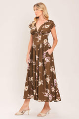 BROWN DAISY WOVEN MIDI DRESS