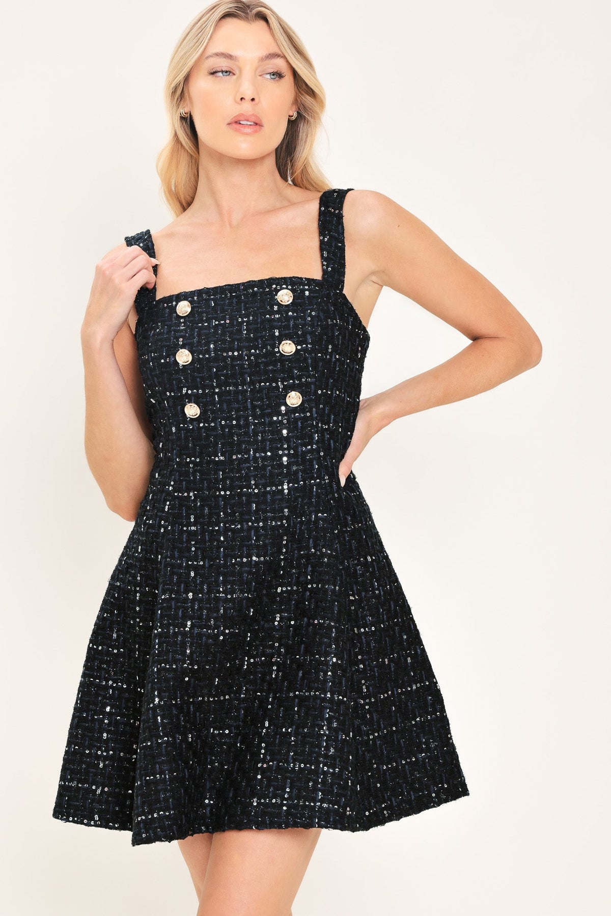 NAVY SPARK NAVY SEQUIN TWEED BUTTON-DETAIL MINI DRESS - Flying Tomato - Flyclothing LLC