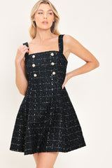 NAVY SPARK NAVY SEQUIN TWEED BUTTON-DETAIL MINI DRESS - Flying Tomato - Flyclothing LLC