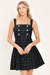 NAVY SPARK NAVY SEQUIN TWEED BUTTON-DETAIL MINI DRESS - Flying Tomato - Flyclothing LLC
