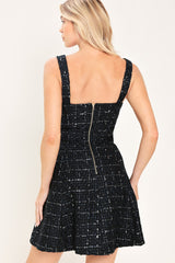 NAVY SPARK NAVY SEQUIN TWEED BUTTON-DETAIL MINI DRESS - Flying Tomato - Flyclothing LLC