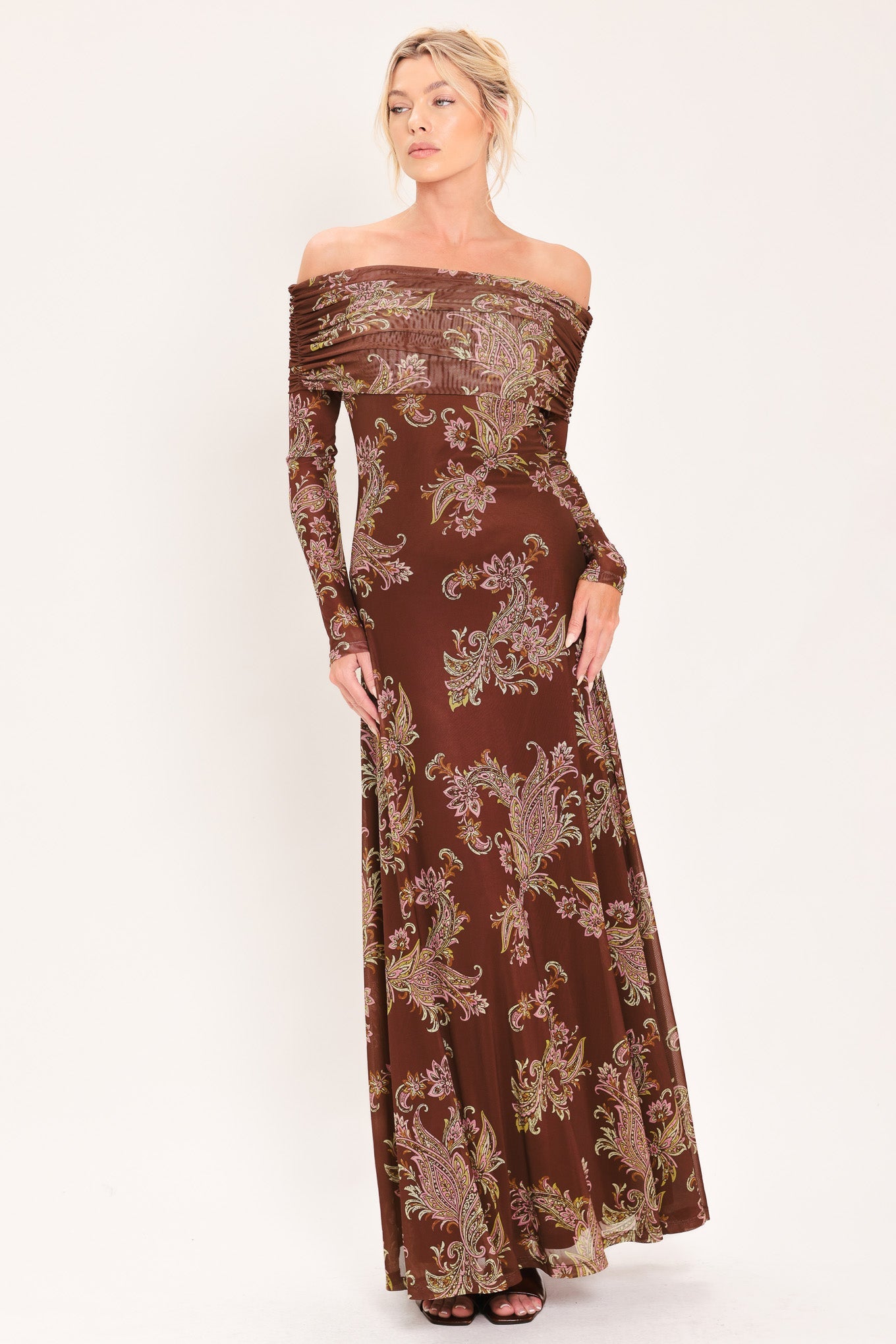 BURNT SIENNA SERENADE POWER MESH MAXI MAXI DRESS